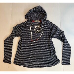 Navy White Striped Lace Up Hoodie Knit Top Coastal Chance or Fate Nautical